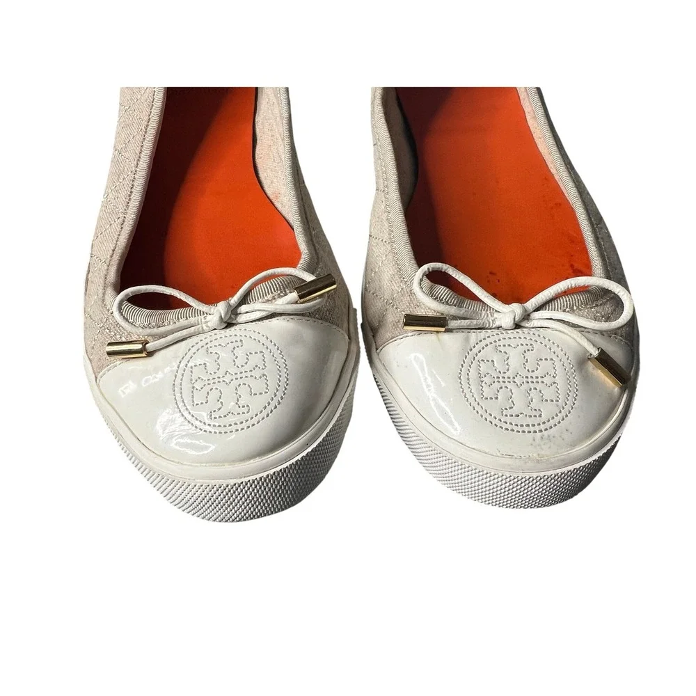 Tory Burch Quinn Quilted Canvas Ballet Flats Cream Beige Logo Toe Bow Shoes